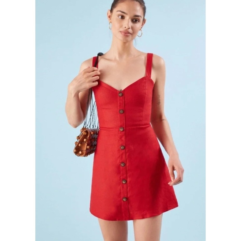 Reformation Red Linen Button Front Mini Dress Sleeveless Smocked Back Size 8